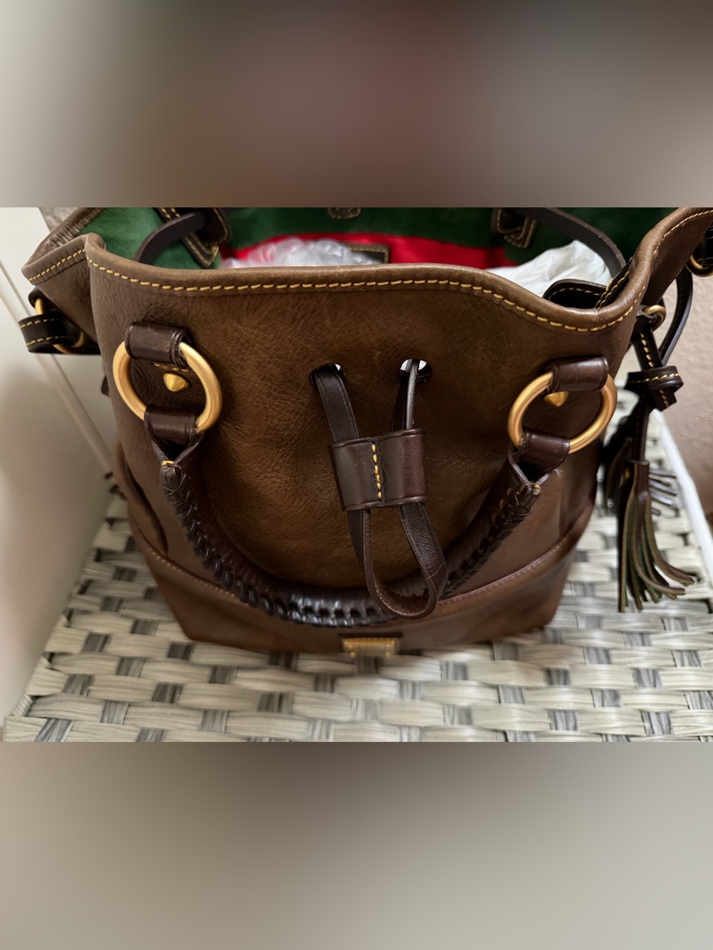 Dooney & Bourke Florentine Buckley Brown Leather Drawstring Satchel with Tassels - Picture 15 of 16